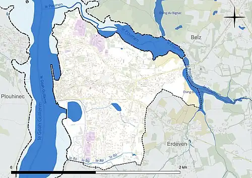 Carte en couleur présentant le réseau hydrographique de la commune