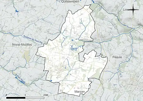 Carte en couleur présentant le réseau hydrographique de la commune