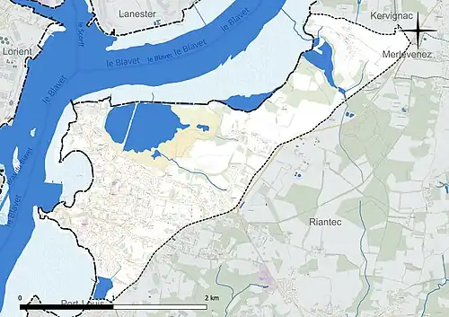Carte en couleur présentant le réseau hydrographique de la commune