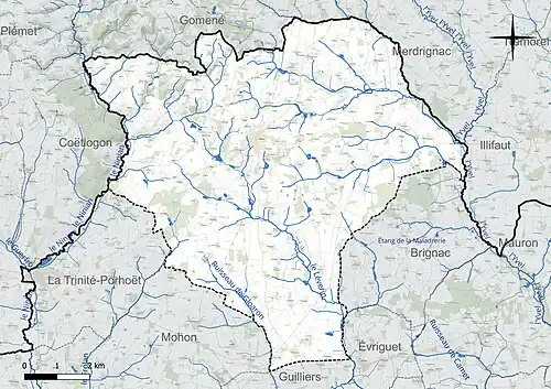 Carte en couleur présentant le réseau hydrographique de la commune