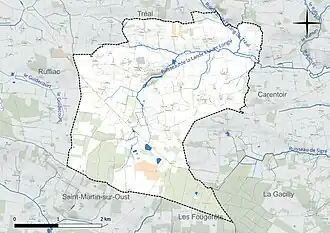 Carte en couleur présentant le réseau hydrographique de la commune
