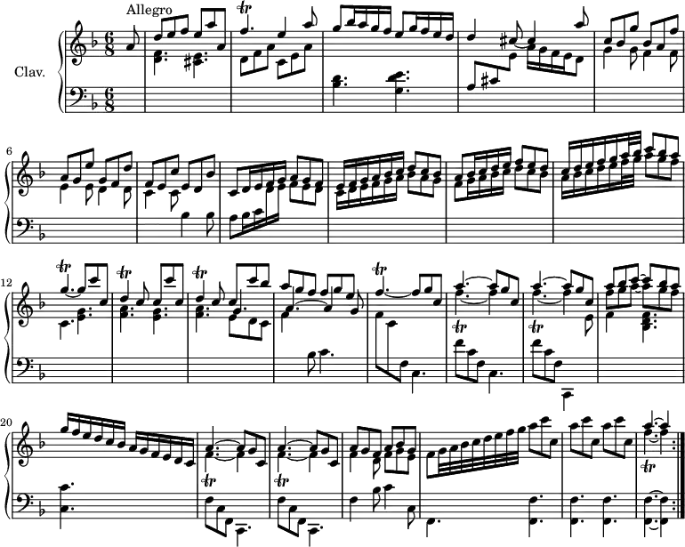 \version "2.18.2"
\header {
tagline = ##f
}
%% les petites notes
trillFpUp = { \tag #'print { f'4.\trill~ } \tag #'midi { \times 2/3 { g16 f g f g f~ } f8~ } }
trillFp = { \tag #'print { f4.\trill~ } \tag #'midi { \times 2/3 { g16 f g f g f~ } f8~ } } % liaison au cas où
trillGp = { \tag #'print { g4.\trill~ } \tag #'midi { \times 2/3 { a16 g a g a g~ } g8~ } }
trillDp = { \tag #'print { d4.\trill } \tag #'midi { \times 2/3 { e16 d e d e d~ } d8 } }
trillD = { \tag #'print { d4\trill } \tag #'midi { \times 2/3 { e16 d e d e d } } }
upper = \relative c'' {
\clef treble
\key d \minor
\time 6/8
\tempo 4. = 82
\set Staff.midiInstrument = #"harpsichord"
\repeat volta 2 {
\partial 8
s8*0^\markup{Allegro}
a8 | \stemUp d e f e a a, | \trillFpUp e4 a8 | g8 bes16 a g f e8 g16 f e d | d4 cis8~ cis4 a'8 |
% ms. 5
c,8 bes g' bes, a f' | a, g e' g, f d' | f, e c' e, d bes' | c,8 d16 e f g a8 g f | e16 f g a bes c d8 c bes |
% ms. 10
a8 bes16 c d e f8 e d | c16 d e f g a32 bes c8 bes a | \trillGp g8 c c, | \trillD c8 c c' c, | \trillD c8 c c' bes |
% ms. 15
a8 g f f g e | \trillFp f8 g c, | \repeat unfold 2 { << { a'4.~ a8 g c, } \\ { \trillFp f4 } >> } << { a8 bes c~ c bes a } \\ { f8 g a~ a g f } >>
% ms. 20
g16 f e d c bes a g f e d c | \repeat unfold 2 { << { a'4.~ a8 g c, } \\ { \trillFp f4 } >> } | << { a8 g f a bes g } \\ { f4 d8 f g e } >> \stemDown f8 g32 a bes c d e f g \repeat unfold 3 { a8 c c, } |
% ms. 26
<< { a'4.~ a4 } \\ { \trillFp f4 } >> }%reprise
}
lower = \relative c' {
\clef bass
\key d \minor
\time 6/8
\set Staff.midiInstrument = #"harpsichord"
\repeat volta 2 {
% *****************************
s8 | \stemDown \change Staff = "upper" < d f >4. < cis e > d8 f a | c, e a | \change Staff = "lower" < bes, d >4. < g d' e > | \stemUp a8 cis \stemDown \change Staff = "upper" e a16 g f e d8 |
% ms. 5
g4 g8 f4 f8 | e4 e8 d4 d8 | c4 c8 \change Staff = "lower" bes4 bes8 | a8 bes16 c \change Staff = "upper" d16 e f8 e d | c16 d e f g a bes8 a g
% ms. 10
f8 g16 a bes c d8 c bes | a16 bes c d e f32 g a8 g f | c,4. < e g > | < f a > < e g > | < f a > << { \shiftOn g4. | a~ a4 g8 } \\ { e8 d c | f4 \change Staff = "lower" bes,8 c4. } >>
% ms. 16
\change Staff = "upper" f8 c \change Staff = "lower" f,8 c4. | f'8 c f, | c4. | f'8 c f, | c,4 \change Staff = "upper" e''8 | f4 s8 < bes, d f >4. |
% ms. 20
\change Staff = "lower" < c, c' >4. s4. | f8 c f, c4. | f'8 c f, c4. | f'4 bes8 c4 c,8 | f,4. < f f' > q \tempo 4. = 66 q q~ q4 \tempo 4. = 82 }%reprise
}
thePianoStaff = \new PianoStaff <<
\set PianoStaff.instrumentName = #"Clav."
\new Staff = "upper" \upper
\new Staff = "lower" \lower
>>
\score {
\keepWithTag #'print \thePianoStaff
\layout {
#(layout-set-staff-size 17)
\context {
\Score
\override SpacingSpanner.common-shortest-duration = #(ly:make-moment 1/2)
\remove "Metronome_mark_engraver"
}
}
}
\score {
\unfoldRepeats
\keepWithTag #'midi \thePianoStaff
\midi { }
}