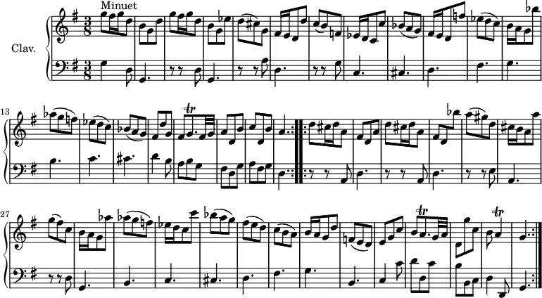 \version "2.18.2"
\header {
tagline = ##f
% composer = "Domenico Scarlatti"
% opus = "K. 80"
% meter = "Minuet"
}
%% les petites notes
trillGqp = { \tag #'print { g8.\trill } \tag #'midi { a32 g a g~ g16 } }
trillAqp = { \tag #'print { a8.\trill } \tag #'midi { b32 a b a~ a16 } }
trillA = { \tag #'print { a4\trill } \tag #'midi { b32 a b a~ a8 } }
upper = \relative c'' {
\clef treble
\key g \major
\time 3/8
\tempo 4. = 60
\set Staff.midiInstrument = #"harpsichord"
\override TupletBracket.bracket-visibility = ##f
\repeat volta 2 {
s8*0^\markup{Minuet}
g'8 fis16 g d8 | b g d' | g8 fis16 g d8 | b g ees' | d( cis) g | fis16 e d8 d'
% ms. 7
c( b) f | ees16 d c8 c' | bes( a g) | fis16 e d8 f' | ees( d c) | b16 a g8 bes' | aes( g f) |
% ms. 14
ees8( d c) | bes( a g) | fis d' g, | fis \trillGqp fis32 g | a8 d, b' | c d, b' | \tempo 4. = 40 a4. \tempo 4. = 60 }%repet
\repeat volta 2 {
% ms. 21
d8 cis16 d a8 | fis d a' | d8 cis16 d a8 | \stemUp fis d \stemDown bes'' | \stemNeutral a( gis) d | cis16 b a8 a' |
% ms. 27
g( fis) c | b16 a g8 aes' | aes( g f ) | ees16 d c8 c' | bes8( a g) | fis( e d) | c( b a) |
% ms. 34
b16 a g8 d' | f,( e d) | e g c | b \trillAqp g32 a | d,8 g' c, | b \trillA | g4. }%repet
}
lower = \relative c' {
% <<
\clef bass
\key g \major
\time 3/8
\set Staff.midiInstrument = #"harpsichord"
\override TupletBracket.bracket-visibility = ##f
\repeat volta 2 {
% ************************************** \appoggiatura a16 \repeat unfold 2 { } \times 2/3 { } \omit TupletNumber
g4 d8 | g,4. | r8 r8 d'8 | g,4. | r8 r8 a'8 | d,4. |
% ms. 7
r8 r8 g8 | c,4. | cis d fis g b
% ms. 14
c4. cis | d4 b8 | a8 b g | fis d g | a fis g | d4. }%repet
\repeat volta 2 {
% ms. 21
\repeat unfold 2 { r8 r8 a8 | d4. } | r8 r8 e8 | a,4. |
% ms. 27
r8 r8 d8 | g,4. | b c cis d fis |
% ms. 34
g4. b, | c4 c'8 | d d, c' | b b, c | d4 \tempo 4. = 45 d,8 | g4. \tempo 4. = 60 }%repet
% \new FiguredBass {
% \figuremode {
% s8 s2. < _+ >2.
% }
% >>
}
thePianoStaff = \new PianoStaff <<
\set PianoStaff.instrumentName = #"Clav."
\new Staff = "upper" \upper
\new Staff = "lower" \lower
>>
\score {
\keepWithTag #'print \thePianoStaff
\layout {
#(layout-set-staff-size 17)
\context {
\Score
\override SpacingSpanner.common-shortest-duration = #(ly:make-moment 1/2)
\remove "Metronome_mark_engraver"
}
}
}
\score {
\unfoldRepeats
\keepWithTag #'midi \thePianoStaff
\midi { }
}