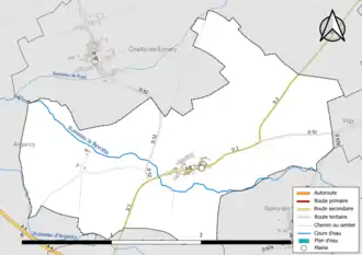 Carte en couleur présentant le réseau hydrographique de la commune