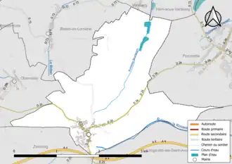 Carte en couleur présentant le réseau hydrographique de la commune