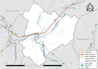 Carte en couleur présentant le réseau hydrographique de la commune