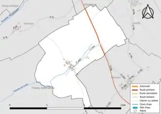 Carte en couleur présentant le réseau hydrographique de la commune