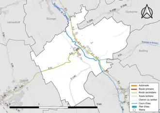 Carte en couleur présentant le réseau hydrographique de la commune