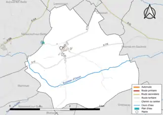 Carte en couleur présentant le réseau hydrographique de la commune