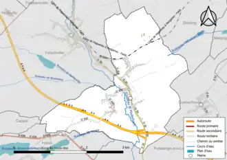 Carte en couleur présentant le réseau hydrographique de la commune