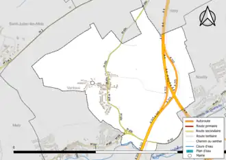 Carte en couleur présentant le réseau hydrographique de la commune