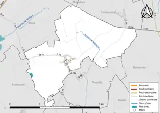 Carte en couleur présentant le réseau hydrographique de la commune
