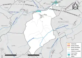 Carte en couleur présentant le réseau hydrographique de la commune