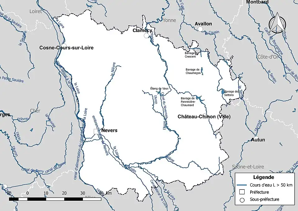 Carte des cours d'eau de longueur supérieure à 50&nbsp;km de la Nièvre.