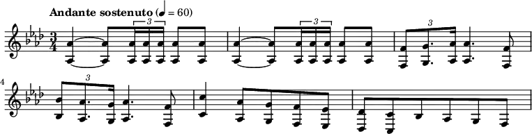 {
\new voice \relative c \clef G \time 3/4 \key aes \major \tempo "Andante sostenuto" 4=60 \set Staff.midiInstrument = #"french horn"
% M1
<aes' aes>4~ <aes' aes>8 \times 2/3 {<aes' aes>16 <aes' aes>16 <aes' aes>16} <aes' aes>8 <aes' aes>8 |
%M2
<aes' aes>4~ <aes' aes>8 \times 2/3 {<aes' aes>16 <aes' aes>16 <aes' aes>16} <aes' aes>8 <aes' aes>8 |
%M3
\times 2/3 {<f' f>8 <g' g>8. <aes' aes>16} <aes' aes>4. <f' f>8 |
%M4
\times 2/3 {<bes' bes>8 <aes' aes>8. <g' g>16} <aes' aes>4. <f' f>8 |
%M5
<c'' c'>4 <aes' aes>8 <g' g> <f' f> <ees' ees> |
%M6
<des' des>8 <c' c> bes aes g f
}