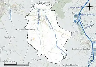 Carte en couleur présentant le réseau hydrographique de la commune