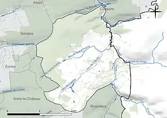 Carte en couleur présentant le réseau hydrographique de la commune