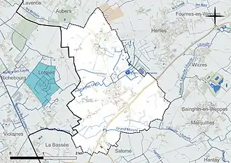 Carte en couleur présentant le réseau hydrographique de la commune