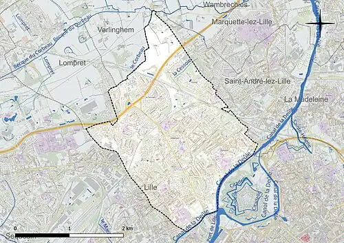 Carte en couleur présentant le réseau hydrographique de la commune
