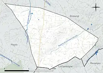 Carte en couleur présentant le réseau hydrographique de la commune