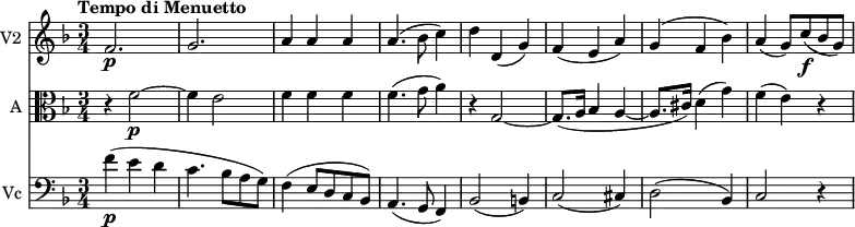 << \new Staff \with { instrumentName = #"V2 "}
\relative c'' {
\version "2.18.2"
\key f \major
\tempo "Tempo di Menuetto"
\time 3/4
\tempo 4 = 120
f,2.\p g a4 a a a4. (bes8 c4)
d d, (g)
f (e a)
g (f bes)
a (g8) c\f (bes g)
}
\new Staff \with { instrumentName = #"A "} \relative c' {
\key f \major
\clef "alto"
r4 f2 \p ~ f4 e2 f4 f f f4. (g8 a4) r
g,2 ~ g8. (a16 bes4 a ~ a8. (cis16) d4 (g)
f (e) r
}
\new Staff \with { instrumentName = #"Vc "} \relative c' {
\key f \major
\clef "bass"
f4 \p (e d c4. bes8 a g)
f4 (e8 d c bes)
a4. (g8 f4)
bes2 (b4) c2 (cis4)
d2 (bes4)
c2 r4
}
>>