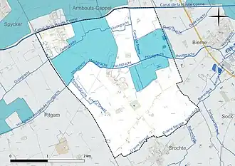 Carte en couleur présentant le réseau hydrographique de la commune