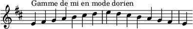 {
\override Score.TimeSignature #'stencil = ##f
\relative c' {
\key e \dorian
\clef treble \time 7/4
e4^\markup { Gamme de mi en mode dorien } fis g a b cis d e d cis b a g fis e
} }