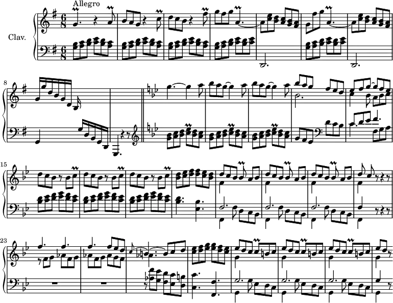 
\version "2.18.2"
\header {
  tagline = ##f
  % composer = "Domenico Scarlatti"
  % opus = "K. 494"
  % meter = "Allegro"
}

%% les petites notes
trillGp       = { \tag #'print { g4.\prall } \tag #'midi { a32 g a g~ g4 } }
trillaq       = { \tag #'print { a8\prall } \tag #'midi { b32 a b a } }
trillcq       = { \tag #'print { c8\prall } \tag #'midi { d32 c d c } }
trillFisqUp   = { \tag #'print { fis'8\prall } \tag #'midi { g32 fis g fis } }
trillApDown   = { \tag #'print { a,4.\prall~ } \tag #'midi { b32 a b a~ a4~ } }
trillCeESq    = { \tag #'print { < c ees >8\prall } \tag #'midi { << { f32 ees f ees } \\ { c8 } >> } }
trillBesq     = { \tag #'print { bes8\prall } \tag #'midi { c32 bes c bes } }

upper = \relative c'' {
  \clef treble 
  \key g \major
  \time 6/8
  \tempo 4. = 88

      s8*0^\markup{Allegro}
      \trillGp r4 \trillaq | b8 a g r4 \trillcq | d8 c b r4 \trillFisqUp | g8 fis g \trillApDown |
      % ms. 5
      a8 < c e > < b d > < a c > < g b > < fis a > | g fis' g \trillApDown | a8 < c e > < b d > < a c > < g b > < fis a > | g16 g' d b g d b s16 s4 | s2. |   \key g \minor
      % ms. 10
      g''4.~ g4 \repeat unfold 2 { a8 | bes a g~ g4 } a8 | << { bes8 a g f ees d } \\ { bes2. } >>
      % ms. 14
      << { ees8 f g~ g f ees } \\ { c4 bes8 a bes c } >> | \repeat unfold 3 { d8 c bes r8 bes \trillcq } | 
      % ms. 18
      < bes d >8 < c ees > < d f > q < c ees > < bes d > | \repeat unfold 3 { << { d8 c bes \trillBesq a8[ bes] } \\ { f4 } >> } |
      << { d'8 c } \\ { f,4 } >> r8 r4 r8 |
      % ms. 23
      << { f'4. f f f8 ees d } \\ { r8 f,8 g aes f g | aes f g aes g f }  >> | << { \appoggiatura c'8 b4.~ b8 c d } \\ { aes4. } >> | < c ees >8 < d f > < ees g > q < d f > < c ees > |
      % ms. 27
      \repeat unfold 3 { << { ees8 d c \trillcq b8 c } \\ { g4 } >> } | << { ees'8[ d] } \\ { g,4 } >> r8

}

lower = \relative c' {
  \clef bass
  \key g \major
  \time 6/8

    % ************************************** \appoggiatura a16  \repeat unfold 2 {  } \times 2/3 { }   \omit TupletNumber 
      \repeat unfold 3 { < g b >8 < a c > < b d > < c e > < b d > < a c > } | \repeat unfold 2 { < g b >8 < a c > < b d > < c e > < b d > < c e > |
      % ms. 5
      d,,2. } | g4 s8. g'16 d b g d g,4. r4 r8 |  \bar "||"  \key g \minor   \clef treble 
      % ms. 10
      \repeat unfold 3 { < g''' bes >8 < a c > < bes d > \trillCeESq < bes d > < a c > } | g8 f ees   \clef bass d c bes |
      % ms. 14
      << { c8 d ees f4. } \\ { \mergeDifferentlyDottedOn c4. f,8 g a } >> |
      \repeat unfold 3 { < bes d >8 < c ees > < d f > < ees g > < d f > < c ees > }
      % ms. 18
      < bes d >4. < ees, bes' > |
      \repeat unfold 3 { << { f2. } \\ { f,4 f'8 d c bes } >> } | << { f'4 } \\ { f,4 } >> r8 r4 r8 |
      % ms. 23
      R2.*2 | r8 < aes' f' >8 < g ees' > < f d' > < ees c' > < d b' > | < c c' >4. < f, f' > |
      % ms. 27
      \repeat unfold 3 { << { g'2. } \\ { g,4 g'8 ees d c } >> } | <<  { g'4 } \\ { g,4 } >> r8

}

thePianoStaff = \new PianoStaff <<
    \set PianoStaff.instrumentName = #"Clav."
    \new Staff = "upper" \upper
    \new Staff = "lower" \lower
  >>

\score {
  \keepWithTag #'print \thePianoStaff
  \layout {
      #(layout-set-staff-size 17)
    \context {
      \Score
     \override TupletBracket.bracket-visibility = ##f
     \override SpacingSpanner.common-shortest-duration = #(ly:make-moment 1/2)
      \remove "Metronome_mark_engraver"
    }
  }
}

\score {
  \keepWithTag #'midi \thePianoStaff
  \midi { \set Staff.midiInstrument = #"harpsichord" }
}
