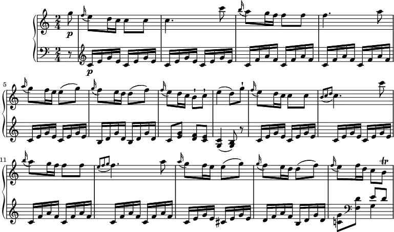 \version "2.18.2"
\header {
tagline = ##f
}
upper = \relative c'' {
\clef "treble"
\tempo "Allegretto grazioso"
\key c \major
\time 2/4
\tempo 4 = 90
\partial 8 g'8\p
\grace f16 (e8) d16 c c8 c
c4. c'8
\grace b16 (a8) g16 f f8 f
f4. a8
\grace a16 (g8) f16 e e8 (g)
\grace g16 (f8) e16 d d8 (f)
\grace f16 (e8) d16 c b8-! c-!
e4 (d8) g-!
\grace f16 (e8) d16 c c8 c
\grace{b (c d} c4.) c'8
\grace b16 (a8) g16 f f8 f
\grace{e (f g} f4.) a8
\grace a16 (g8) f16 e e8 (g)
\grace g16 (f8) e16 d d8 (f)
\grace f16 (e8) f16 d c8 b\trill
}
lower =\relative c' {
\clef "bass"
\key c \major
\time 2/4
\set Staff.midiMinimumVolume = #0.2
\set Staff.midiMaximumVolume = #0.4
\partial 8 r8
\clef "treble"
c16\p e g e
\repeat unfold 3 { c16 e g e }
\repeat unfold 4 { c f a f}
\repeat unfold 2 { c e g e }
\repeat unfold 2 { b d g d }
c8 <e g> <d f> <c e>
<g c>4 (<g b>8) r8
\repeat unfold 4 { c16 e g e }
\repeat unfold 4 { c f a f}
c16 e g e cis16 e g e
d f a f b, d g d
<c! g'>8 \clef "bass" <f, d'> <<{e'8 d} \\ {g,4}>>
}
\score {
\new PianoStaff <<
\new Staff = "upper" \upper
\new Staff = "lower" \lower
>>
\layout {
\context {
\Score
\remove "Metronome_mark_engraver"
}
}
\midi { }
}