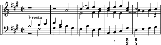 
\version "2.18.2"
\header {
  tagline = ##f
}

\score {

 \new StaffGroup <<
\set StaffGroup.systemStartDelimiter = #'SystemStartSquare
    \new Staff {
      \relative c'' {
      \key a \major
      \time 2/2
      \tempo 2 = 60
      \autoBeamOff
      \clef treble
      \set Score.currentBarNumber = #17
      \override Rest #'style = #'classical
      \set Staff.midiInstrument = #"violin"

   % Violon
   r1
   r2 a2
   << { b4( cis) d b } \\ { e,2 fis4 gis } >>
   << { cis4 d e cis } \\ { a4 fis e a~ } >>
   << { b2 a4 b } \\ { a4 gis a r4 } >>
   << {  } \\ {  } >>
    }
}
    \new Staff {
  <<
      \key a \major
    \set Staff.midiInstrument = #"recorder"

    \new Voice { \clef bass << { a2^"Presto" b4 cis' | d' b } \\ { r2 e2 | fis4 gis a fis } >> e4 a d e a, b, cis fis d e fis gis }
    \new FiguredBass {
      \figuremode {
      < _ >1
      < _ >1
      < _ >1
      < _ >4 < _- >2 < 5 3 >4 < 6 5 >4

      }
    }
  >>
    }
 >>
  \layout {
    \context {
      \Score
      \remove "Metronome_mark_engraver"
    }
  }
  \midi {}
}
