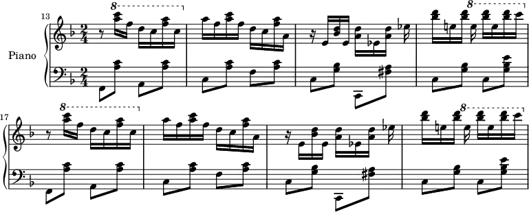 
\version "2.18.2"
\header {
  tagline=##f
}
upper=\relative c'' {
  \clef treble
  \key f \major
  \time 2/4
  \tempo 4=150 % original à 168 !
  \tempo "Molto Allegro"
  %\autoBeamOff
  \set Score.currentBarNumber=#13
  %\set Staff.midiInstrument=#"recorder"
  \bar ""

  \repeat unfold 2 { \ottava #0 r8 \ottava #1 \set Staff.ottavation=#"8" < a'' c >16 f d c < f a > c \ottava #0 a f < a c >16 f d c < f a > a,|r16 e16 < d' bes >16 e, \stemDown < d' a >[ ees, < d' a >] ees16
  < d' bes >16[ e,! < d' bes >] \set Staff.ottavation=#"8" e, < d' bes >16[ e, < d' bes > c] }
  
}

lower=\relative c {
  \clef bass
  \key f \major
  \time 2/4
    
   \repeat unfold 2 { f,8 < a' c >8 a, < a' c >8|c, < a' c >8 f < a c >8|c, < bes' g >8 \stemDown c,, < fis' a >8|c < bes' g >8 c, < e' bes g >8 }
}

\score {
  \new PianoStaff <<
    \set PianoStaff.instrumentName=#"Piano"
    \new Staff="upper" \upper
    \new Staff="lower" \lower
  >>
  \layout {
      #(layout-set-staff-size 17)
    \context {
      \Score
      \remove "Metronome_mark_engraver"
      \override SpacingSpanner.common-shortest-duration=#(ly:make-moment 1/2)
    }
  }
  \midi { }
}
