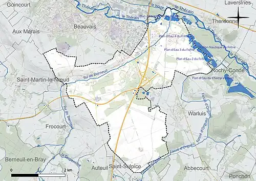 Carte en couleur présentant le réseau hydrographique de la commune