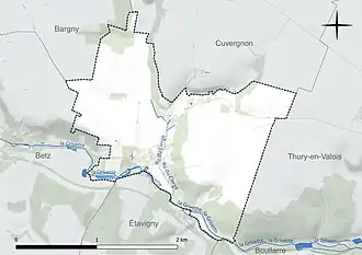 Carte en couleur présentant le réseau hydrographique de la commune