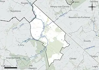 Carte en couleur présentant le réseau hydrographique de la commune