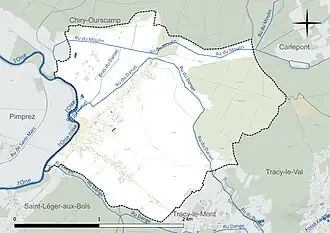 Carte en couleur présentant le réseau hydrographique de la commune
