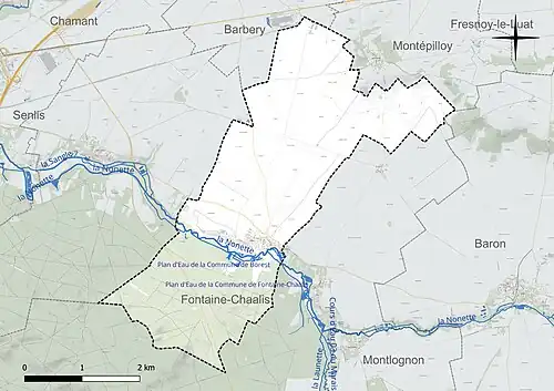 Carte en couleur présentant le réseau hydrographique de la commune