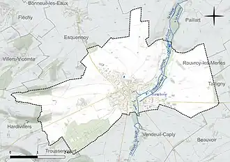 Carte en couleur présentant le réseau hydrographique de la commune