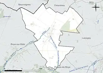 Carte en couleur présentant le réseau hydrographique de la commune