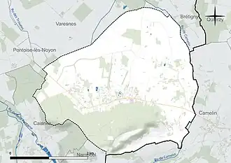 Carte en couleur présentant le réseau hydrographique de la commune