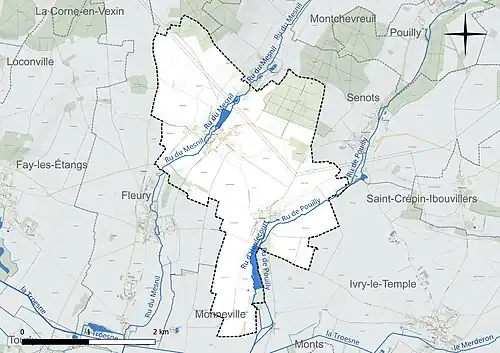 Carte en couleur présentant le réseau hydrographique de la commune