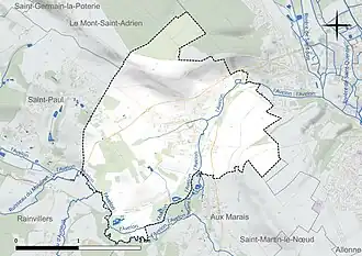 Carte en couleur présentant le réseau hydrographique de la commune