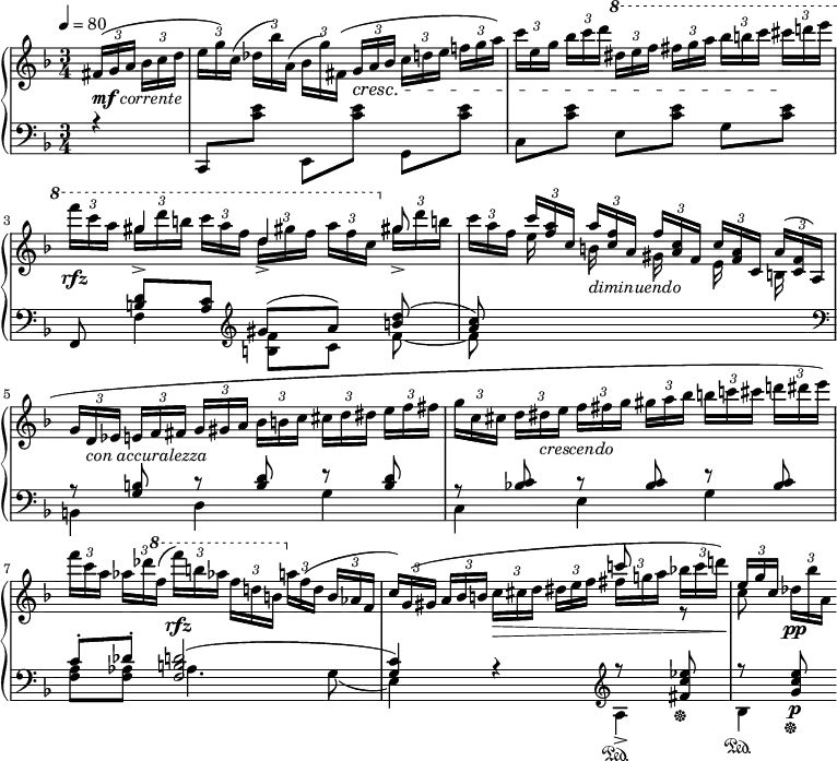 
\new PianoStaff <<
  \new Staff = "right" <<
    \relative c' {
      \key f \major
      \numericTimeSignature
      \time 3/4
      \partial 4
      \tempo 4=80
      \stemNeutral
      \times 2/3 { fis16[(_\markup {\dynamic mf \italic corrente} g a] } \times 2/3 { bes c d }
      \times 2/3 { e[ g) c,]( } \times 2/3 { des bes') a,( } \times 2/3 { bes[ g') fis,]( } \times 2/3 { g\cresc a bes } \times 2/3 { c[ d e] } \times 2/3 { f! g a) }
      \times 2/3 { c[ e, g] } \times 2/3 { bes c d } \ottava #1 \times 2/3 { dis[ e f] } \times 2/3 { fis g a } \times 2/3 { bes[ b c] } \times 2/3 { cis\! d! e }
      \times 2/3 { f[\rfz c a] } \stemDown \times 2/3 { gis16[ d' b] } \times 2/3 { c[ a f] } \times 2/3 { d16[ gis! f] } \times 2/3 { a[ f c] } \ottava #0 \times 2/3 { gis16[ d' b!] }
      \times 2/3 { c16 a f } \stemUp \times 2/3 { c'[ <f, a> c] }\times 2/3 { a'_\markup{\italic "diminuendo"}[ <c, f> a] }\times 2/3 { f'[ <a, c> f] }\times 2/3 { c'[ <f, a> c] }\times 2/3 { a'[( <c, f> a] }
      \stemNeutral \times 2/3 { g'16[ d_\markup{\italic "con accuralezza"} es] } \times 2/3 { e f fis } \times 2/3 { g[ gis a] }\times 2/3 { bes b c }\times 2/3 { cis[ d dis] }\times 2/3 { e f fis }
      \times 2/3 { g[ c, cis] }\times 2/3 { d dis_\markup{\italic crescendo} e }\times 2/3 { f[ fis g] }\times 2/3 { gis a bes }\times 2/3 { b[ c! cis] }\times 2/3 { d! dis e) }
      \times 2/3 { f[ c a] } \times 2/3 { aes des \ottava #1 f( }\times 2/3 { f'[)\rfz b, aes] } \times 2/3 { f d! b } \ottava #0 \times 2/3 { a[ f( d] } \times 2/3 { bes aes f }
      \times 2/3 { c'[) g( gis] } \times 2/3 { a bes b } \times 2/3 { c\>[ cis d] } \times 2/3 { dis e f } \times 2/3 { fis[ g! a] } \times 2/3 { bes! c d!\!) }
      \stemUp \times 2/3 { e,[ g c,] } \stemDown \times 2/3 { des\pp bes' a, }
    }
    \\
    \relative c'''' {
      \key f \major
      \numericTimeSignature
      \time 3/4
      \partial 4
      \tempo 4=80
      s4
      s2.*2
      s8 \stemUp gis4-> d4-> gis,!8->
      s8 \stemDown e16 s b s gis s e s b! s
      s2.*3
      s2 \stemUp c''!8 r
      \stemDown c,
    }
  >>
  \new Staff = "left" \with {
    midiInstrument = "acoustic grand"
  } {
    \clef bass <<
      \relative c, {
        \key f \major
        \numericTimeSignature
        \time 3/4
        \partial 4
        \tempo 4=80
        r4 \stemNeutral
        c8 <c'' e> e,,[ <c'' e>] g, <c' e>
        c, <c' e> e,[ <c' e>]  g <c e>
        \stemUp f,,8 <b' d>[ <a c>] \clef treble gis'[( a]) <b! d>(
        <a c>) s8 s2 \clef bass
        r8 <g, b> r <b d> r <b d>
        r <bes! c> r <bes c> r <bes c>
        c-.[ des-.] <f, b d>2(
        <g c>4) r \clef treble r8\sustainOn <fis' c' es>\sustainOff
        r\sustainOn <g c e>\p\sustainOff
      }
      \\
      \relative c {
        \key f \major
        \numericTimeSignature
        \time 3/4
        \partial 4
        \tempo 4=80
        s4
        s2.*2
        s8 f4 <b f'>8[ c] f~
        f s s2
        b,,4 d g
        c, e g
        <f a>8[ <f aes>] aes4. g8(
        e4) s a->
        bes
      }
    >>
  }
>>
