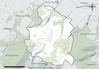 Carte en couleur présentant le réseau hydrographique de la commune