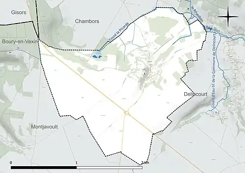Carte en couleur présentant le réseau hydrographique de la commune