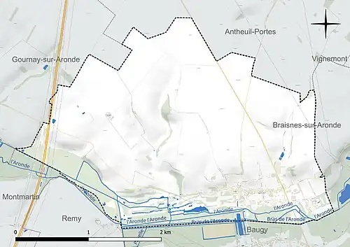 Carte en couleur présentant le réseau hydrographique de la commune