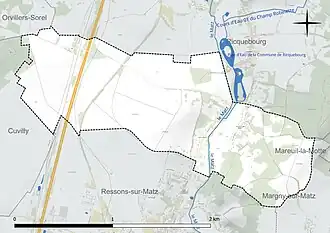 Carte en couleur présentant le réseau hydrographique de la commune
