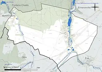 Carte en couleur présentant le réseau hydrographique de la commune