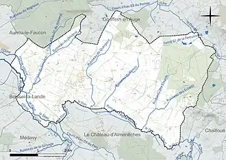 Carte en couleur présentant le réseau hydrographique de la commune
