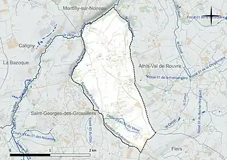 Carte en couleur présentant le réseau hydrographique de la commune