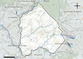 Carte en couleur présentant le réseau hydrographique de la commune